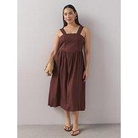 The Very Collection Curve Lace Trim Dropped Waist Linen Midi Dress - Brown