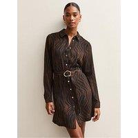 New Look Brown Tiger Print Buckle Detail Mini Shirt Dress