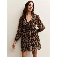New Look Leopard Print Chiffon Long Sleeve Mini Dress - Brown