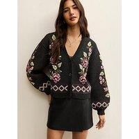 New Look Floral Jacquard V-Neck Cardigan - Black