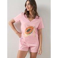 The Very Collection Papaya Graphic V Neck T-Shirt And Short Pyjama Set - Pink