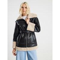 River Island Short Belted Aviator Coat - Black