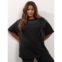 Yours Curve Oversized Studded T-Shirt - Black