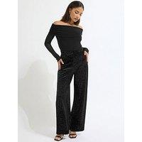Pixiegirl Petite Glitter Velour Wide Leg Trouser - Black