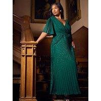 Yours Curve Metallic Pleated Wrap Dress - Green