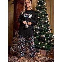 Yours Curve Holly Jolly Wide Leg Pyjama Set - Black
