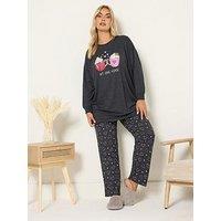 Yours Curve Hot Choc Wide Leg Pyjama Set - Grey
