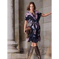 Religion Florence Tunic Shirt Dress With Frill Hem And Tie Waist In Large Dark Floral - Black