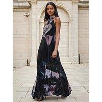 Religion Florence Halterneck Maxi Dress With Sash Detail In Dark Floral - Black