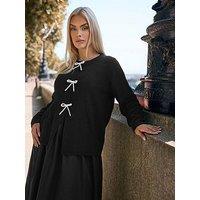 Yours Curve Pearl Bow Button Cardigan - Black