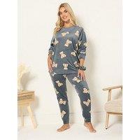Yours Curve Teddy Bear Fleece Pyjama Set - Grey