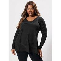 Yours Curve Plunge Neck Ribbed Swing T-Shirt - Black