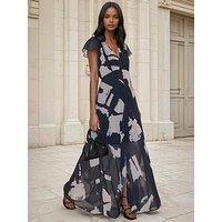 Religion Indium Maxi Tea Dress With Feminine Button Detail In Abstract Black Print - Black