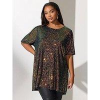 Yours Curve Multi Sequin T Shirt - Black