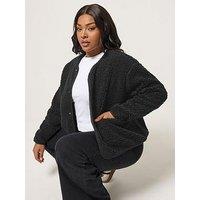 Yours Curve Collarless Popper Fleece - Black