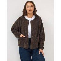 Yours Curve Collarless Popper Fleece Jacket - Brown