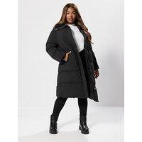 Yours Curve Funnel Neck Midi Coat - Black