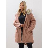 Yours Curve Faux Fur Trim Parka - Pink
