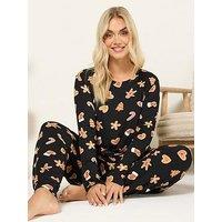 Yours Curve Soft Touch Gingerbread Pj Set - Black