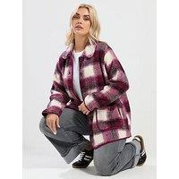 Yours Curve Check Teddy Fleece Jacket - Dark Red