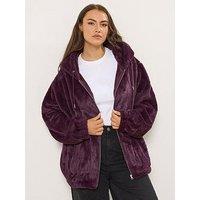 Yours Curve Faux Fur Zip Thru Hooded Jacket- Red