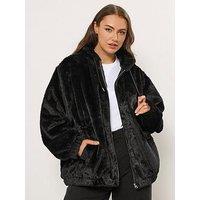 Yours Curve Faux Fur Zip Through Hooded Fleece - Black