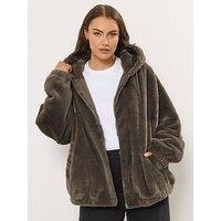 Yours Curve Faux Fur Zip Thru Hooded Jacket- Brown