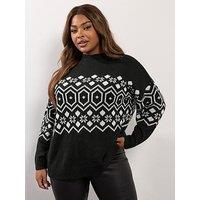 Yours Curve Fairisle Tunic Jumper - Black