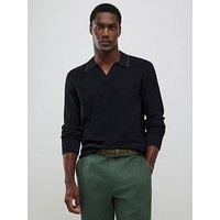 River Island Long Sleeve Honeycomb Texture Open Collar Polo Shirt - Black