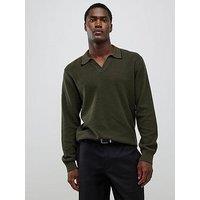 River Island Long Sleeve Honeycomb Texture Open Collar Polo Shirt - Khaki