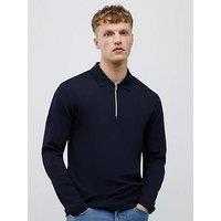 River Island Long Sleeve Slim Textured Poloshirt - Navy