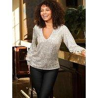 Sosandar Sequin V Neck Blouson Sleeve Top - Beige