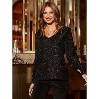 Sosandar Sequin Blouson Sleeve Top - Black