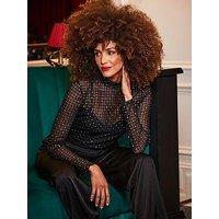 Sosandar Sparkle Mesh High Neck Top - Black