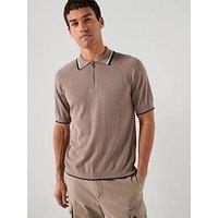 Armani Exchange Tipped Zip Neck Knitted Polo Shirt - Light Brown