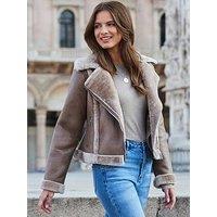 Sosandar Mink Faux Shearling Aviator Jacket - Beige