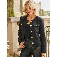 Sosandar Boucle Collarless Jacket With Gold Buttons - Black