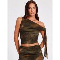 Quiz Khaki Mesh Tie Shoulder Crop Top