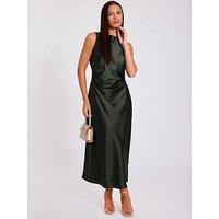 Quiz Olive Satin Ruched Midi Dress