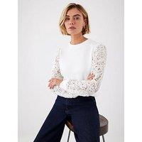 Mint Velvet Ivory Lace Sleeve Sweatshirt - White