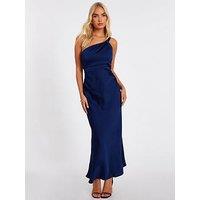 Quiz Navy Satin One Shoulder Midaxi Dress