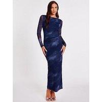 Quiz Blue Printed Long Sleeve Midaxi Dress