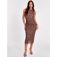 Quiz Brown Mesh Leopard Print Midi Dress