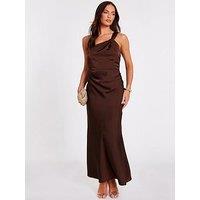 Quiz Brown Satin One Shoulder Midaxi Dress