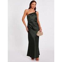 Quiz Dark Green Satin One Shoulder Midaxi Dress