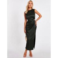 Quiz Khaki Satin Buckle Side Midaxi Dress