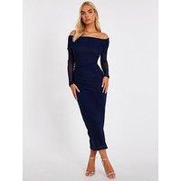 Quiz Navy Mesh Bardot Ruched Midi Dress