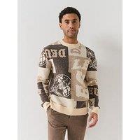 Les Deux Globe Knitted All Over Logo Knitted Jumper - Beige