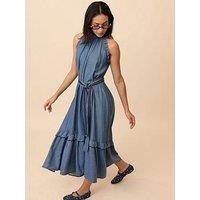 Emily Lovelock Celine Halter Neck Denim Midi Dress - Blue