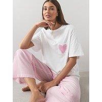 The Very Collection Crochet Heart Pocket T-Shirt And Woven Stripe Bottom Pyjama Set - Pink